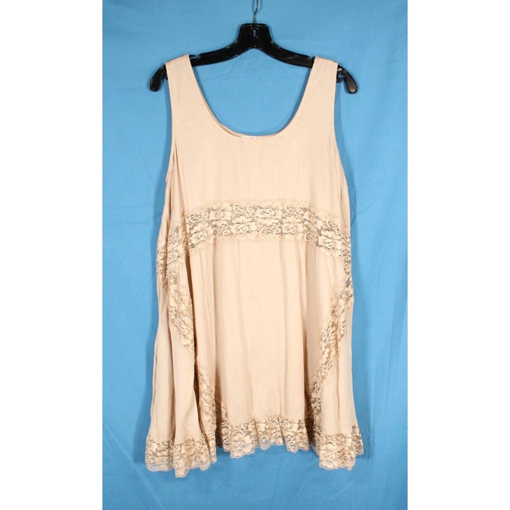 EASEL Beige SATIN Sheer FLORAL LACE DETAIL Sleeveless TUNIC TOP/MINI DRESS Sz M